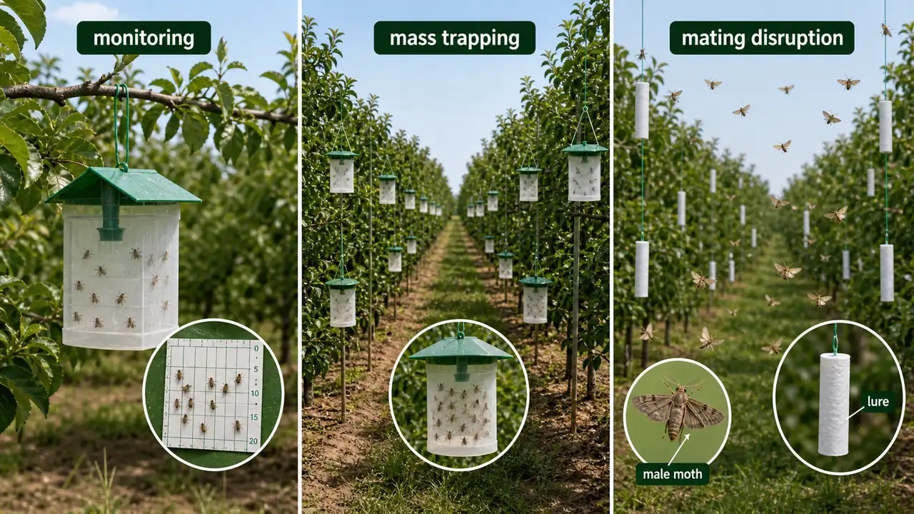 Pheromone trap uses showing monitoring mass trapping and mating disruption against male moths