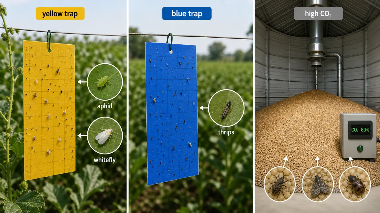 Physical pest control showing yellow sticky trap for aphid and whitefly blue sticky trap for thrips and high carbon dioxide grain storage