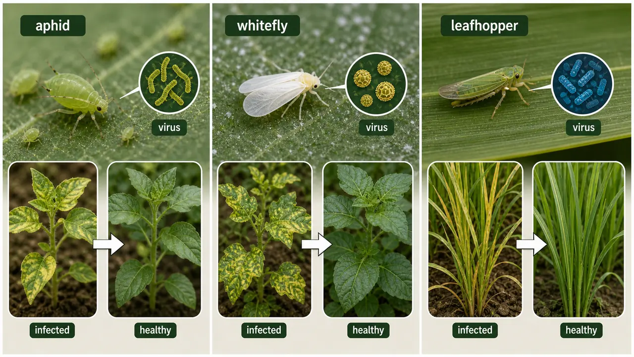 Plant virus insect vectors showing aphid whitefly and leafhopper moving virus from infected plants to healthy plants