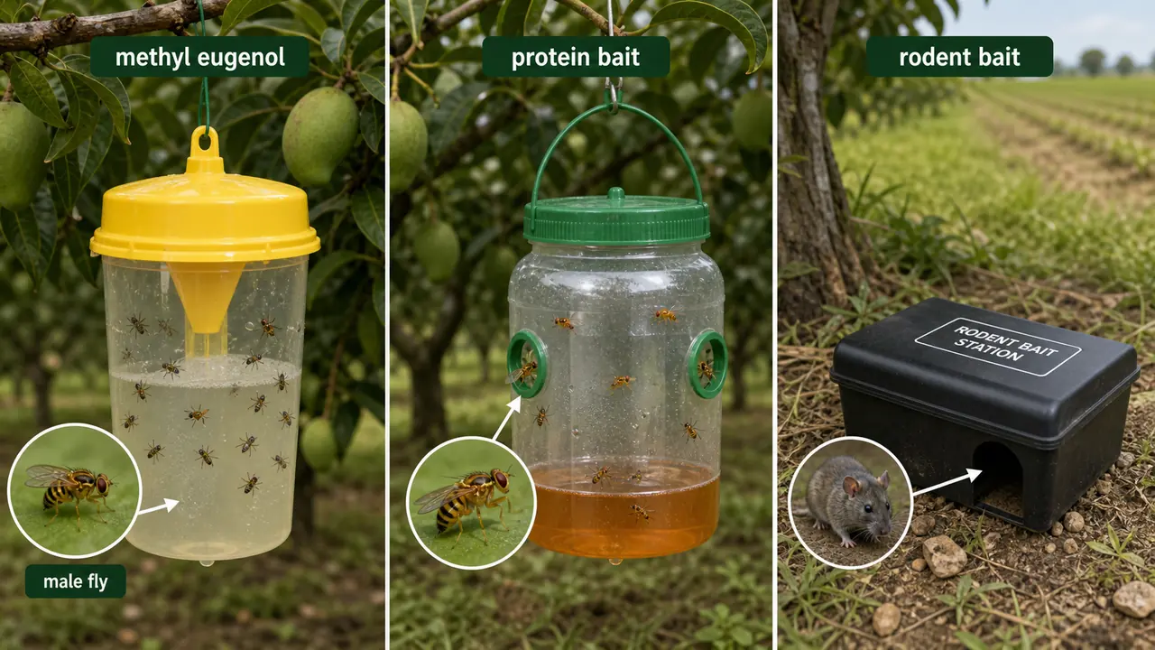 Poison bait trap types showing methyl eugenol fruit fly trap protein bait trap and rodent bait station