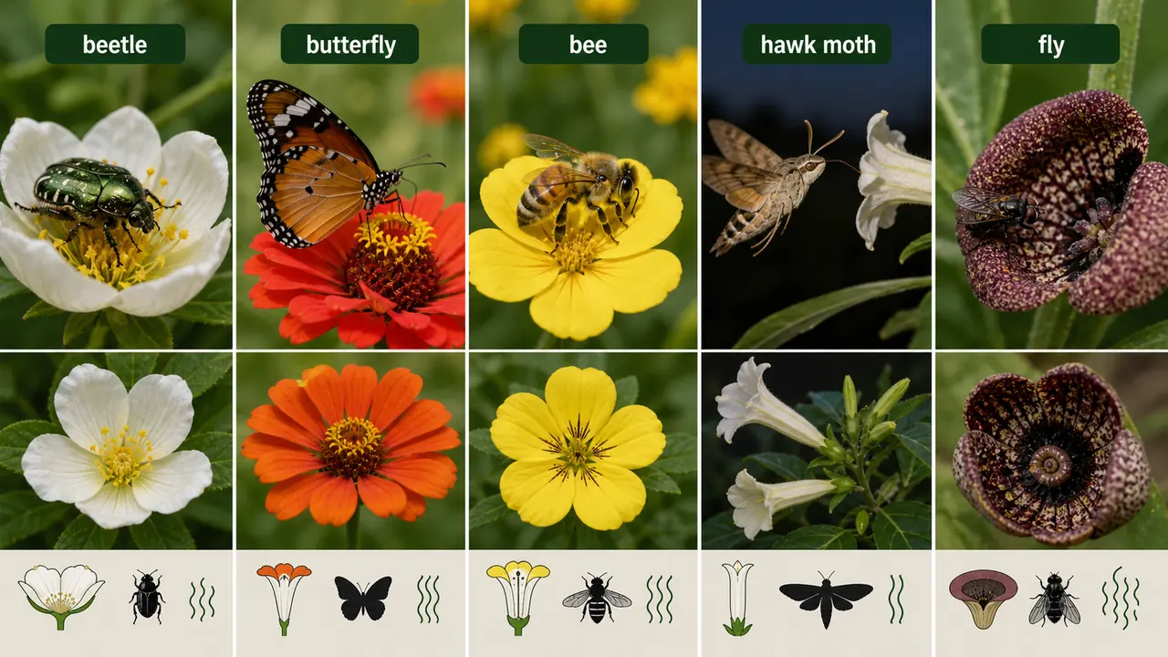 Pollination syndromes comparing beetle butterfly bee hawk moth and fly pollinators with matching flower types