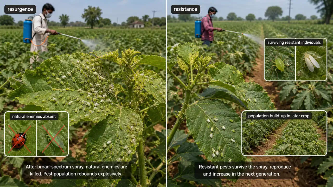 Visual comparison of pest resurgence after spraying and genetic resistance surviving insecticide exposure
