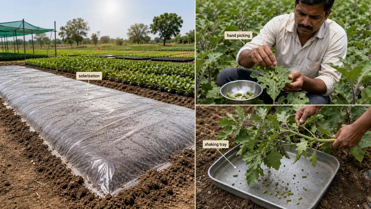 Soil solarization, grease banding, and hand-picking as physical and mechanical pest control methods