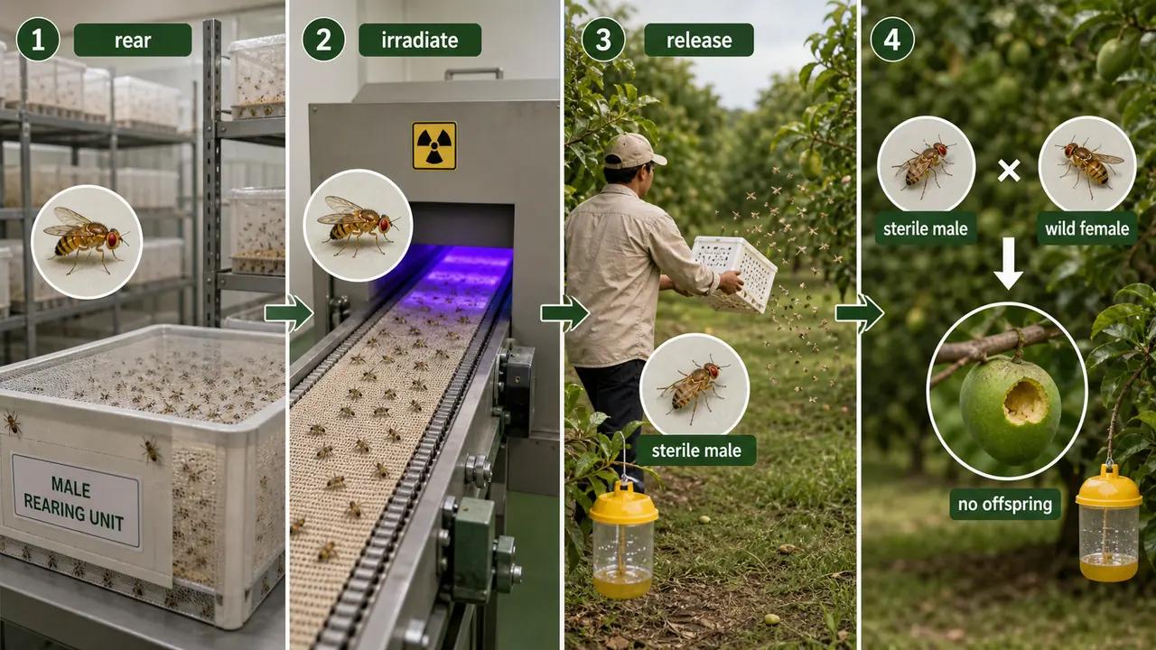 Sterile insect technique for fruit fly management showing male rearing irradiation release and mating without offspring