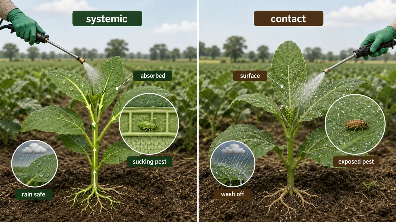 Systemic versus contact insecticide showing absorption into plant tissue and surface spray action on exposed pests