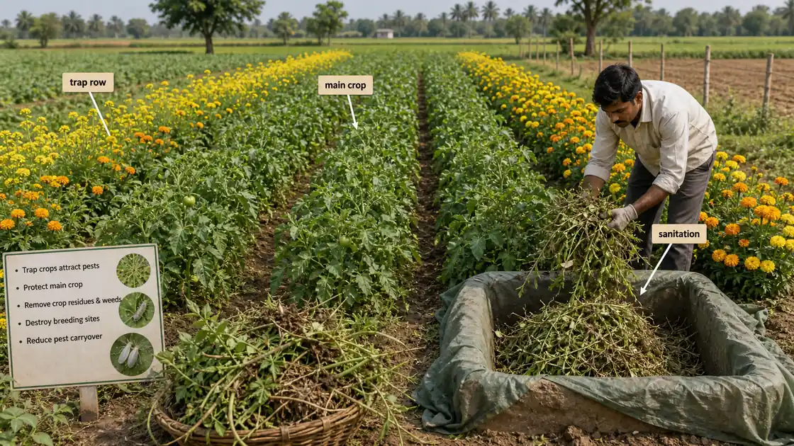 Trap cropping and crop sanitation in a vegetable field for cultural pest management