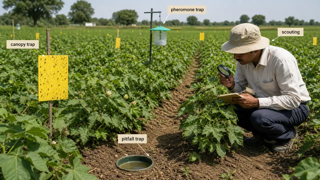 Field scouting with properly placed sticky and pheromone traps in a vegetable crop
