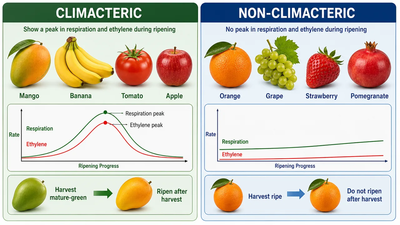 Climacteric versus non-climacteric fruits showing respiration and ethylene behavior and harvest decision