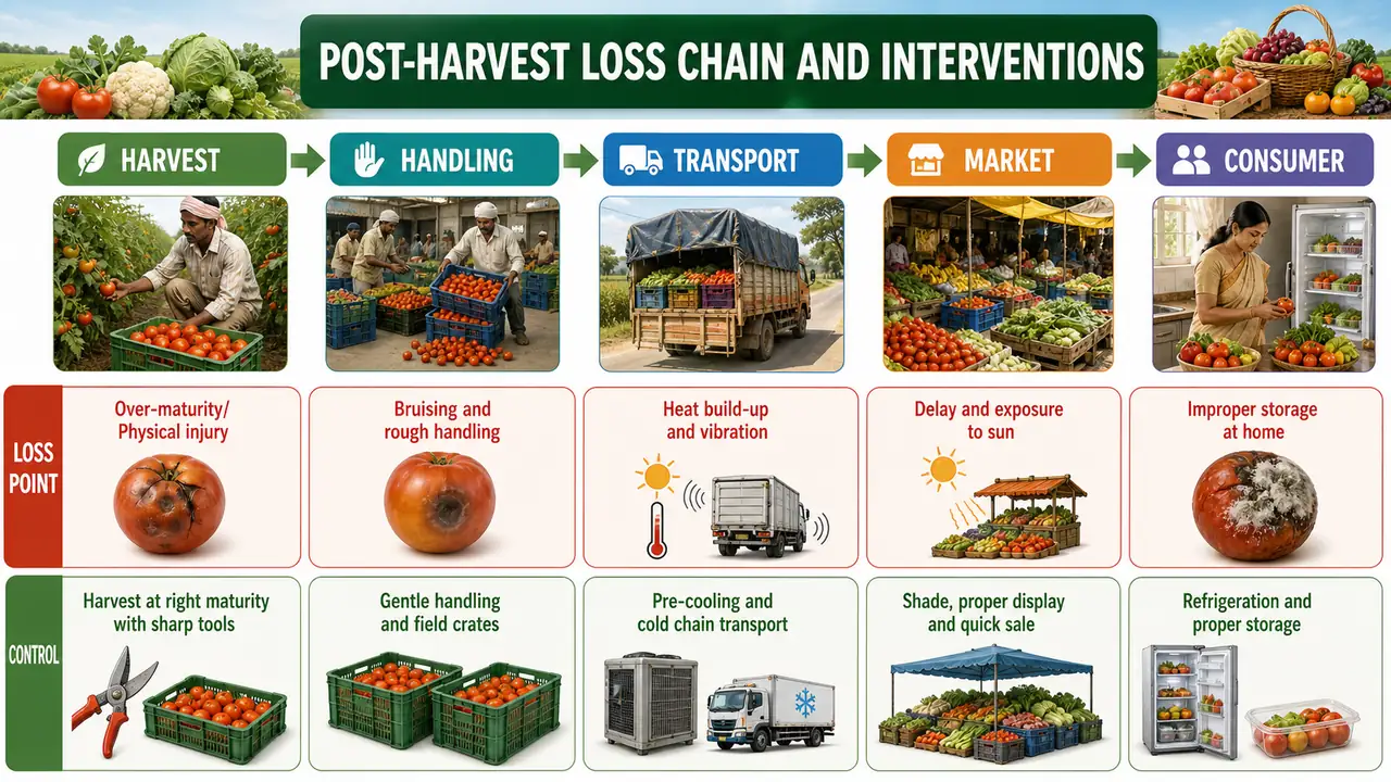 Post-harvest supply chain showing loss points from harvest to consumer and matching control interventions