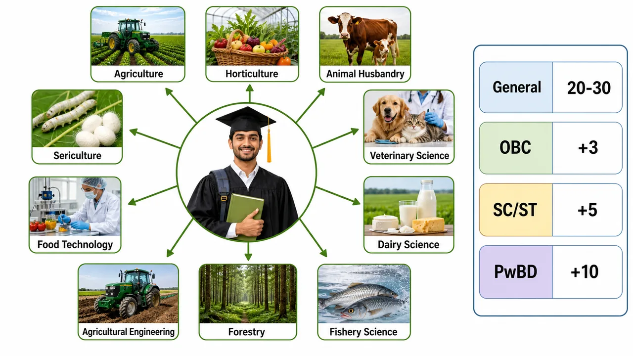 IBPS AFO eligibility overview showing qualifying agriculture degree groups and category-wise age relaxation