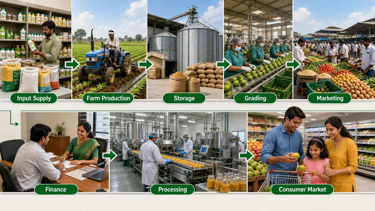 Agri-business management value chain showing input supply, farm production, storage, grading, marketing, finance, processing, and consumer market