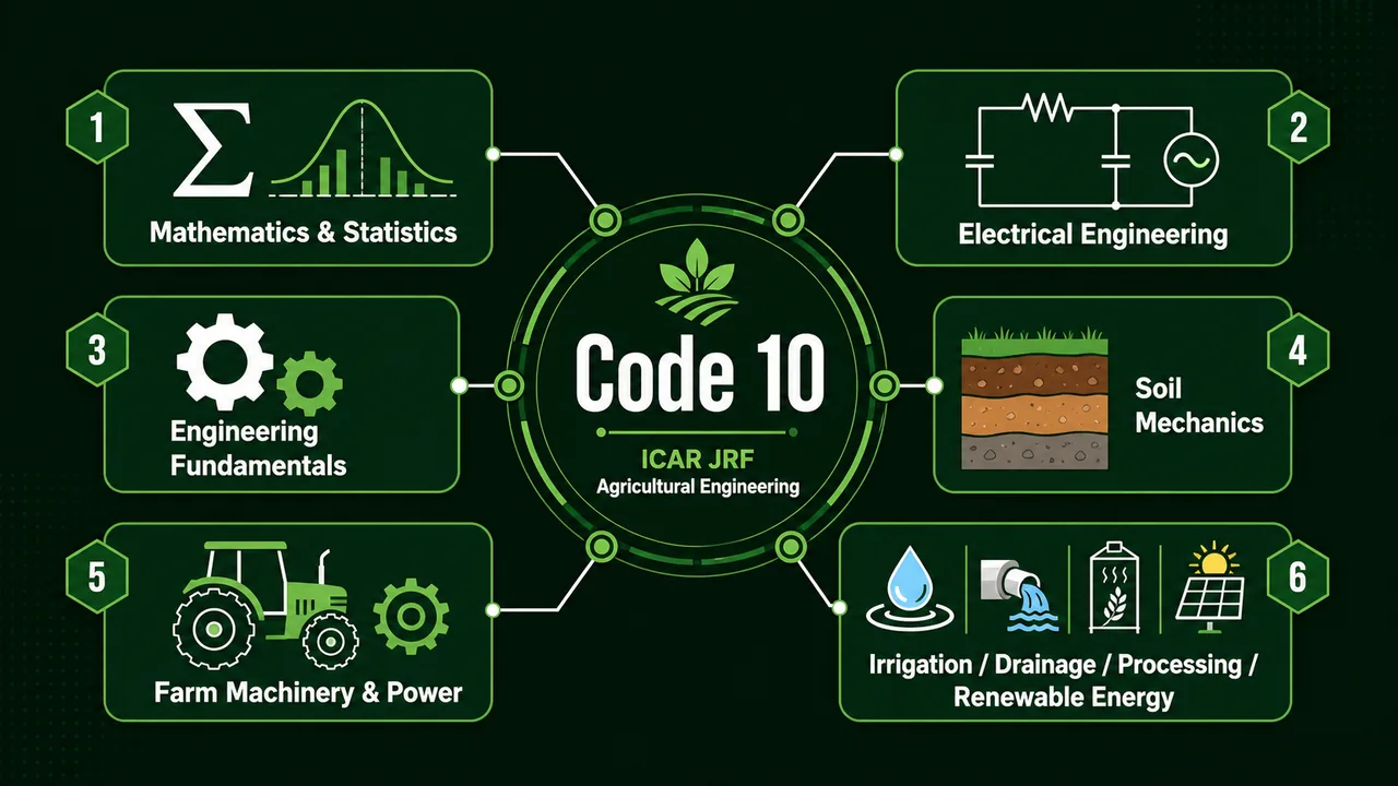 ICAR JRF Agricultural Engineering Code 10 concept map showing mathematics, machinery, irrigation, food engineering, and renewable energy