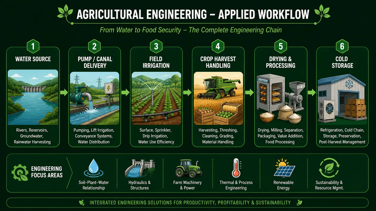 Agricultural engineering workflow visual showing water source, irrigation delivery, field use, harvest handling, drying, and cold storage