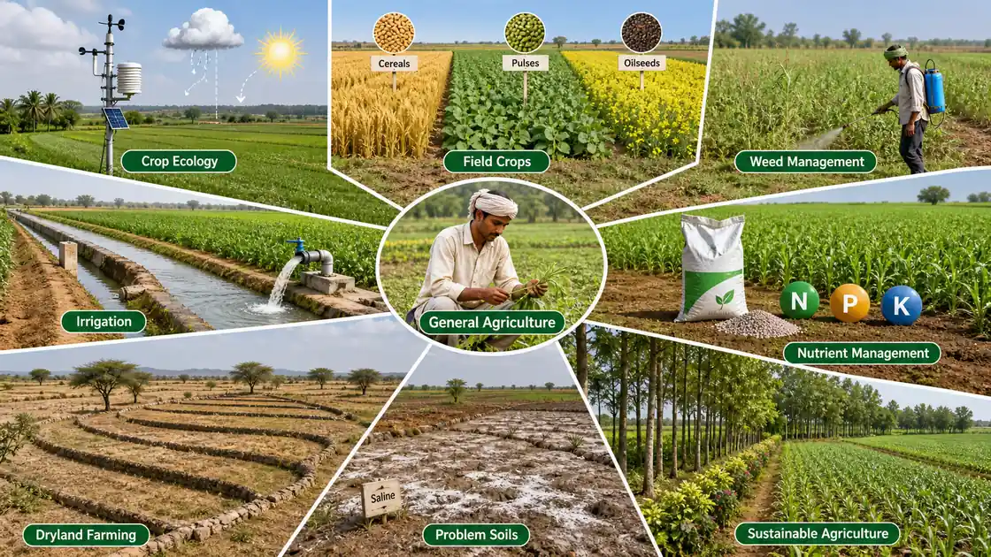ICAR JRF Agronomy Code 05 concept map showing crop ecology, field crops, weed management, irrigation, nutrient management, dryland farming, problem soils, and sustainable agriculture