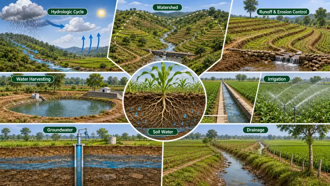 Agronomy management workflow showing irrigation scheduling, nutrient management, weed control, moisture conservation, and healthy crop outcome
