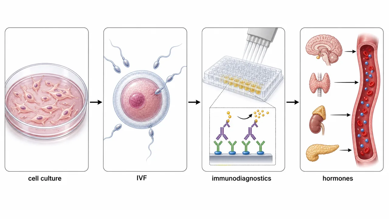 Animal biotechnology visual showing cell culture IVF immunodiagnostics and hormone action panels for ICAR JRF revision