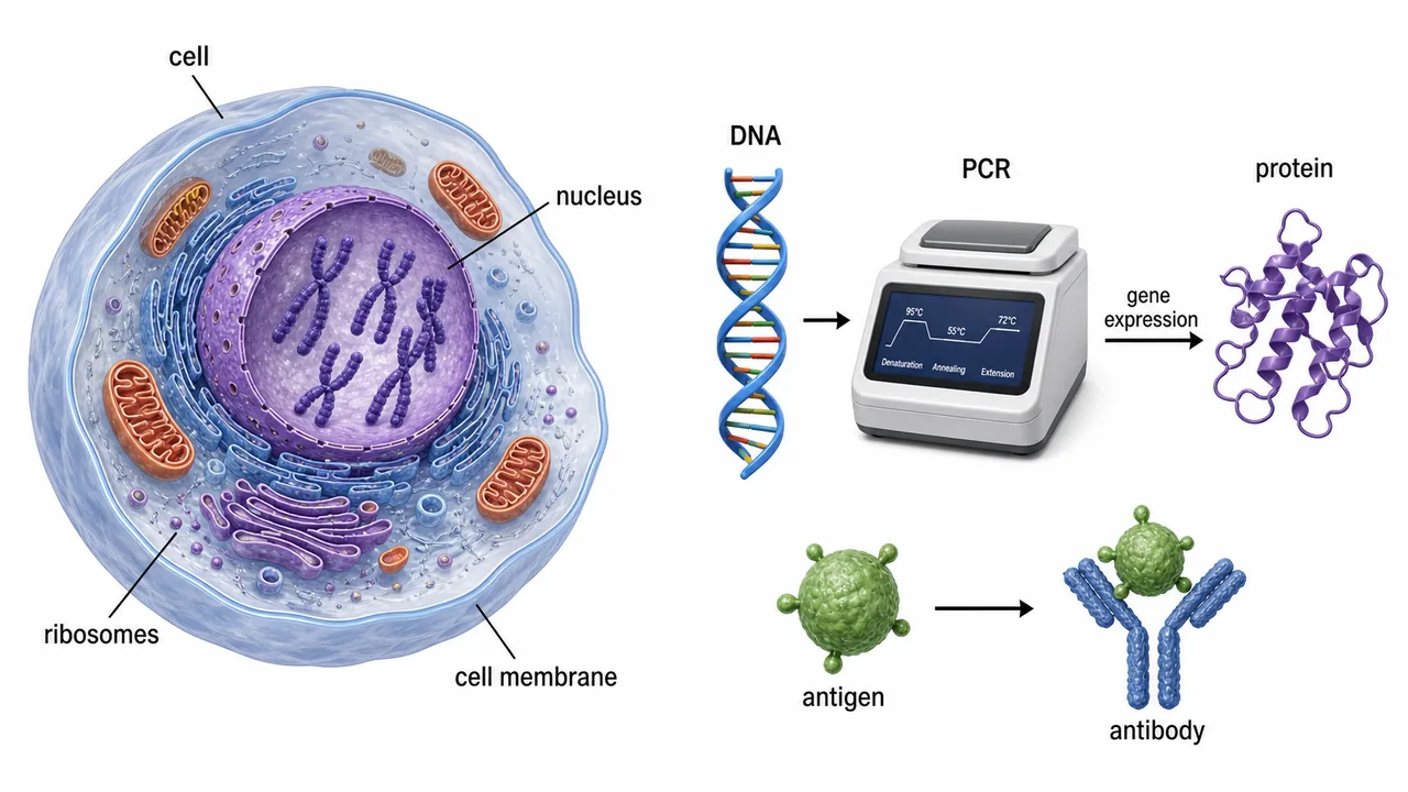 ICAR JRF Animal Biotechnology visual showing animal cell structure DNA PCR protein expression and antigen antibody concepts