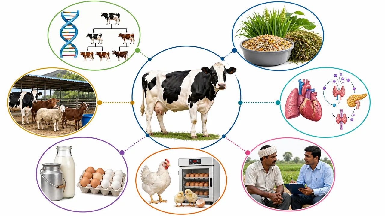 ICAR JRF Animal Sciences Code 14 revision visual showing genetics and breeding, feed and nutrition, physiology, dairy and meat animals, poultry, product technology, and extension linkages