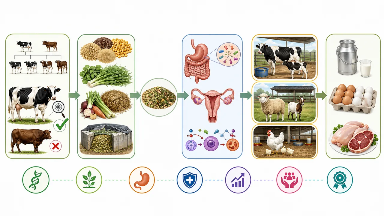 Animal Sciences high-yield revision visual linking breed selection, ration balancing, physiology, species management, poultry production, and livestock product quality