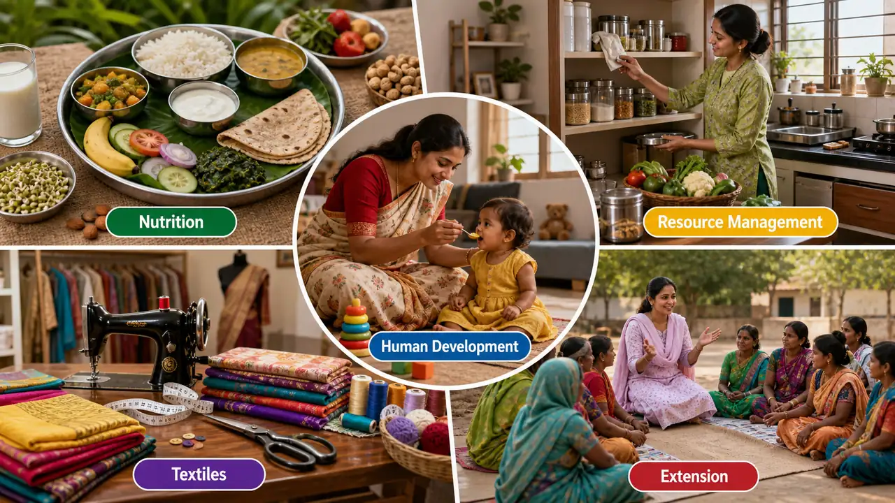 ICAR JRF Community Science Code 11 concept map showing nutrition, human development, resource management, textiles, and extension education