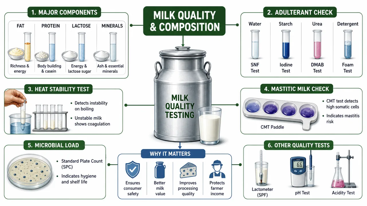 ICAR JRF Dairy Science Code 16 visual map showing milk composition, microbial quality, starter cultures, dairy products, and standards-based quality control