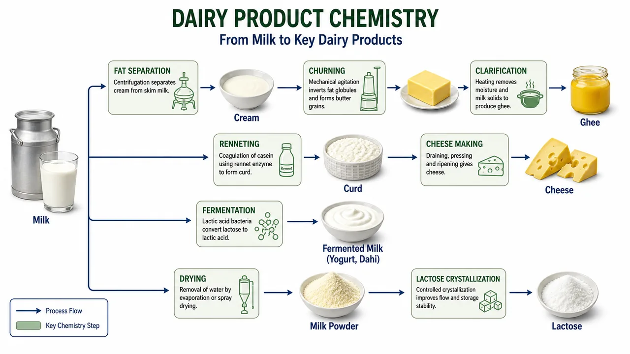Dairy science revision visual showing milk to cream butter ghee cheese milk powder and fermented milk with key chemistry checkpoints