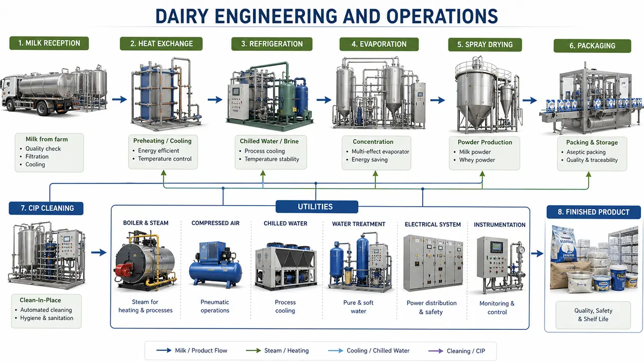 Dairy technology engineering visual showing homogenizer pasteurizer pumps evaporator spray dryer refrigeration and dairy plant layout