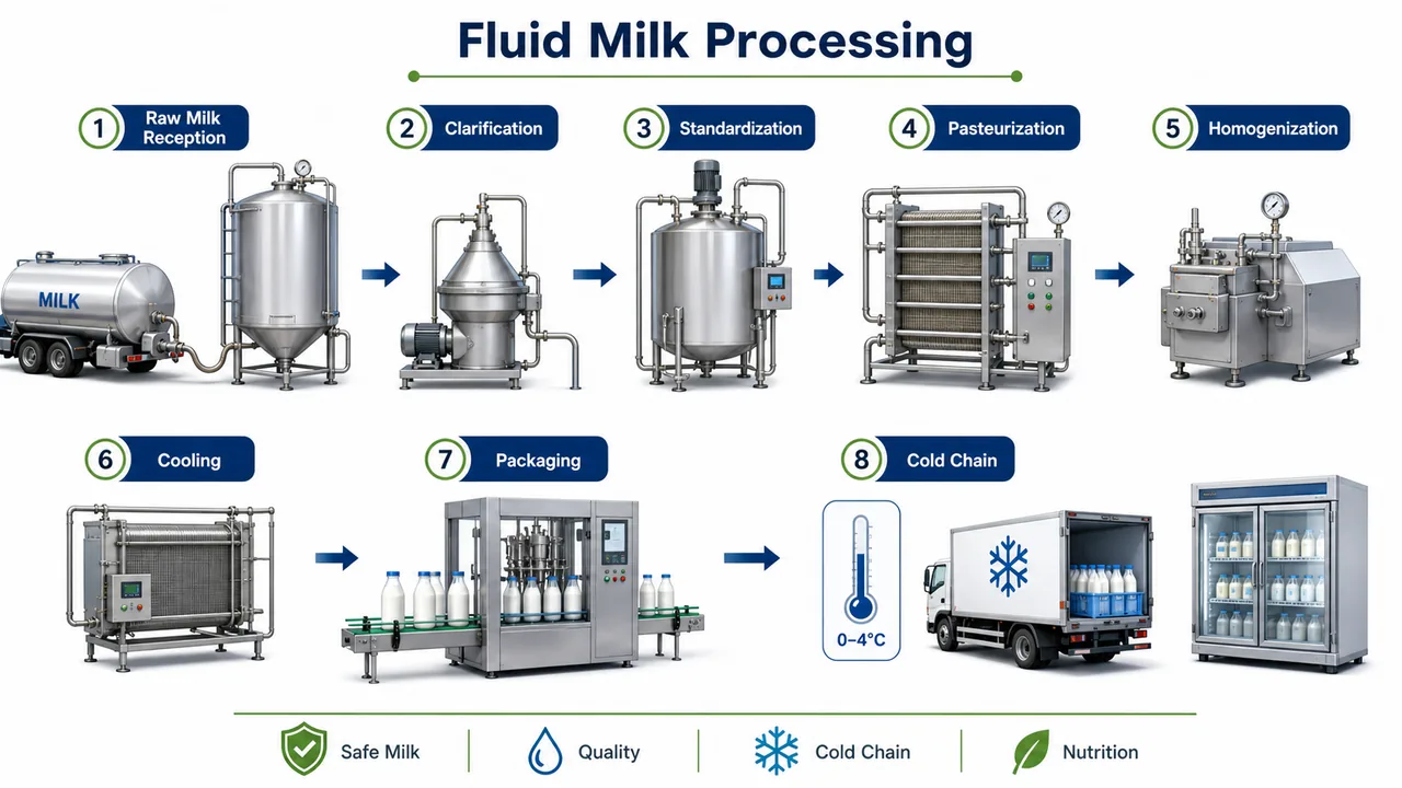 ICAR JRF Dairy Technology visual showing fluid milk processing line with separation homogenization pasteurization packaging and quality checkpoints