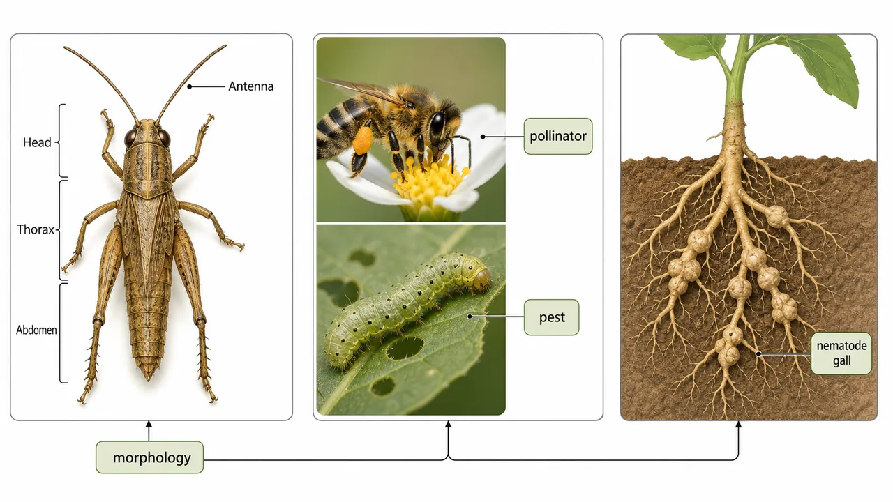 ICAR JRF Entomology and Nematology subject map showing insect morphology, beneficial versus pest insects, and root-knot nematode gall concept
