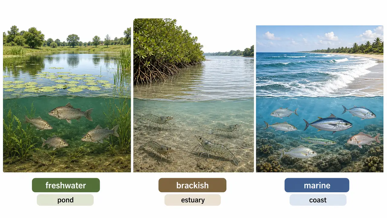Fisheries science visual comparing freshwater pond brackish estuary and marine coast systems for ICAR JRF revision