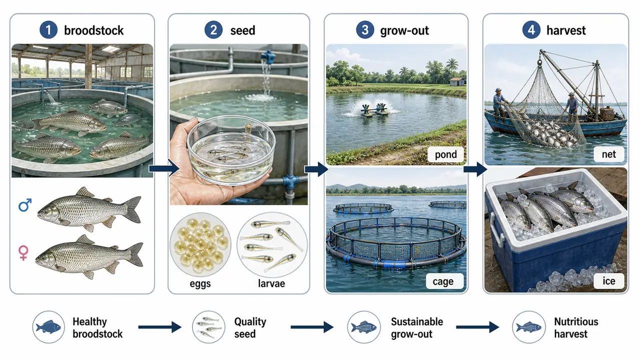 Fisheries science visual showing broodstock seed grow-out pond and cage culture harvest and ice chain for ICAR JRF revision