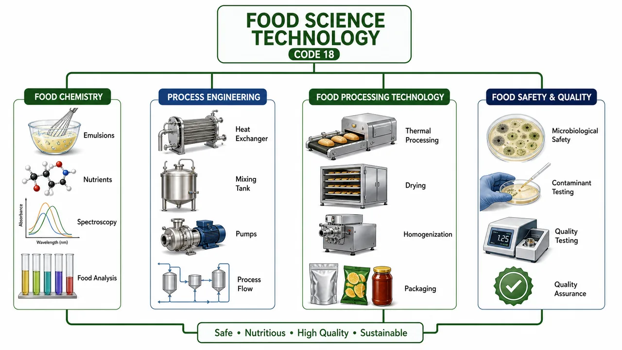 ICAR JRF Food Science Technology Code 18 map showing food chemistry engineering operations processing technology and food safety quality
