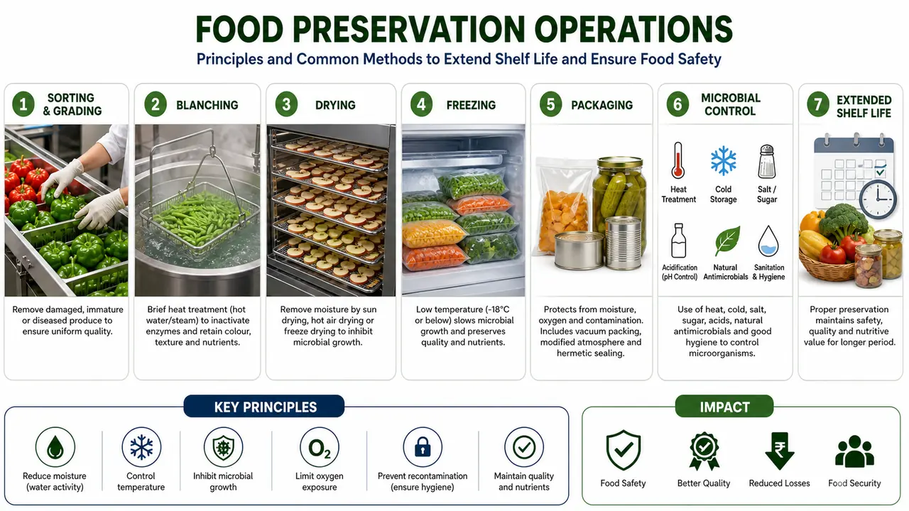Food science technology revision visual showing sorting blanching drying freezing packaging microbial control and preservation pathways