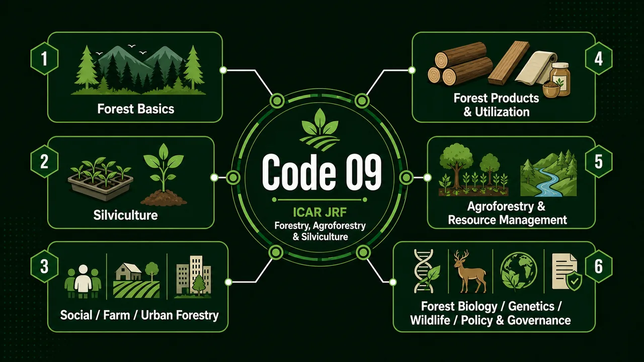 ICAR JRF Forestry Code 09 subject map showing forest products, silviculture, agroforestry, forest resource management, and tree improvement