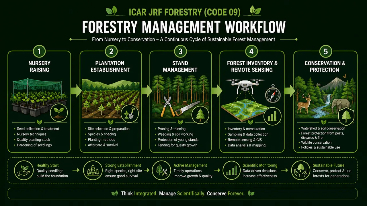 Forestry revision visual showing nursery to plantation to forest inventory to conservation workflow for ICAR JRF