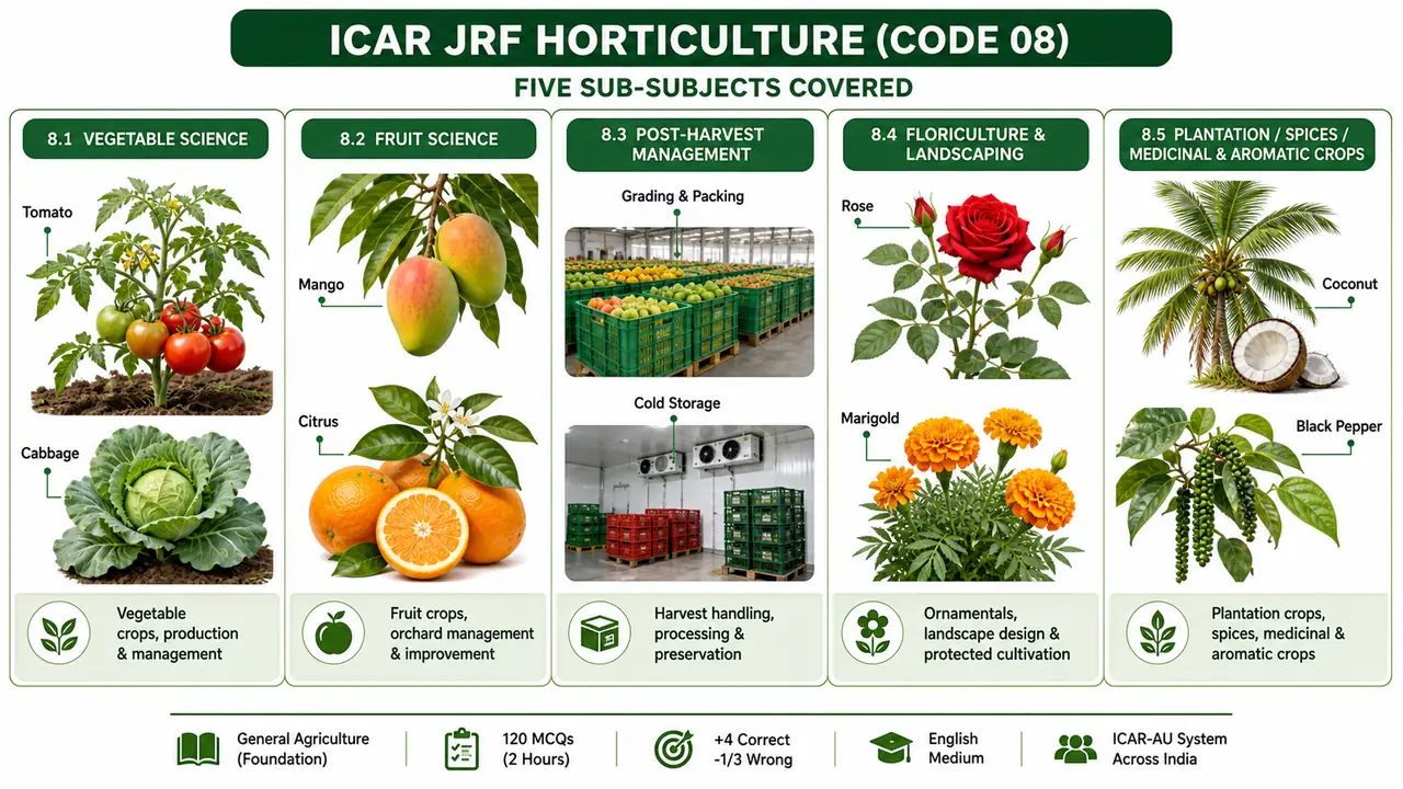 ICAR JRF Horticulture Code 08 subject map showing vegetable science, fruit science, post-harvest management, floriculture and landscaping, and plantation and spice crops