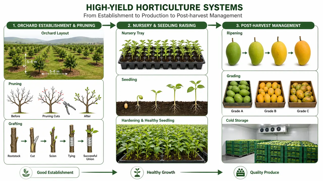 ICAR JRF horticulture revision visual showing orchard establishment, pruning, nursery tray seedling raising, grafting, ripening, grading and cold storage
