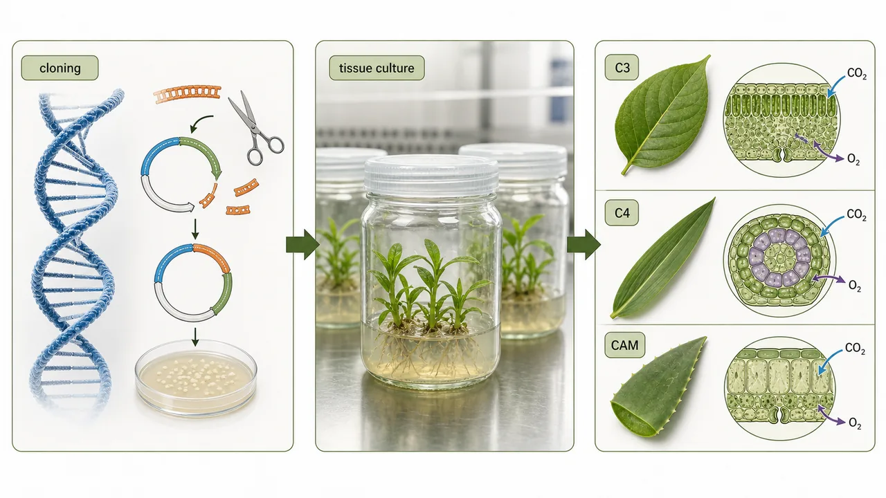 ICAR JRF Plant Biotechnology concept map showing cloning, tissue culture, and C3 C4 CAM physiology comparison