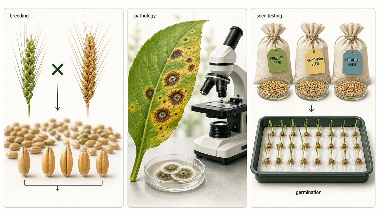 ICAR JRF Plant Sciences concept map showing breeding, pathology, seed testing, and germination as the core revision flow