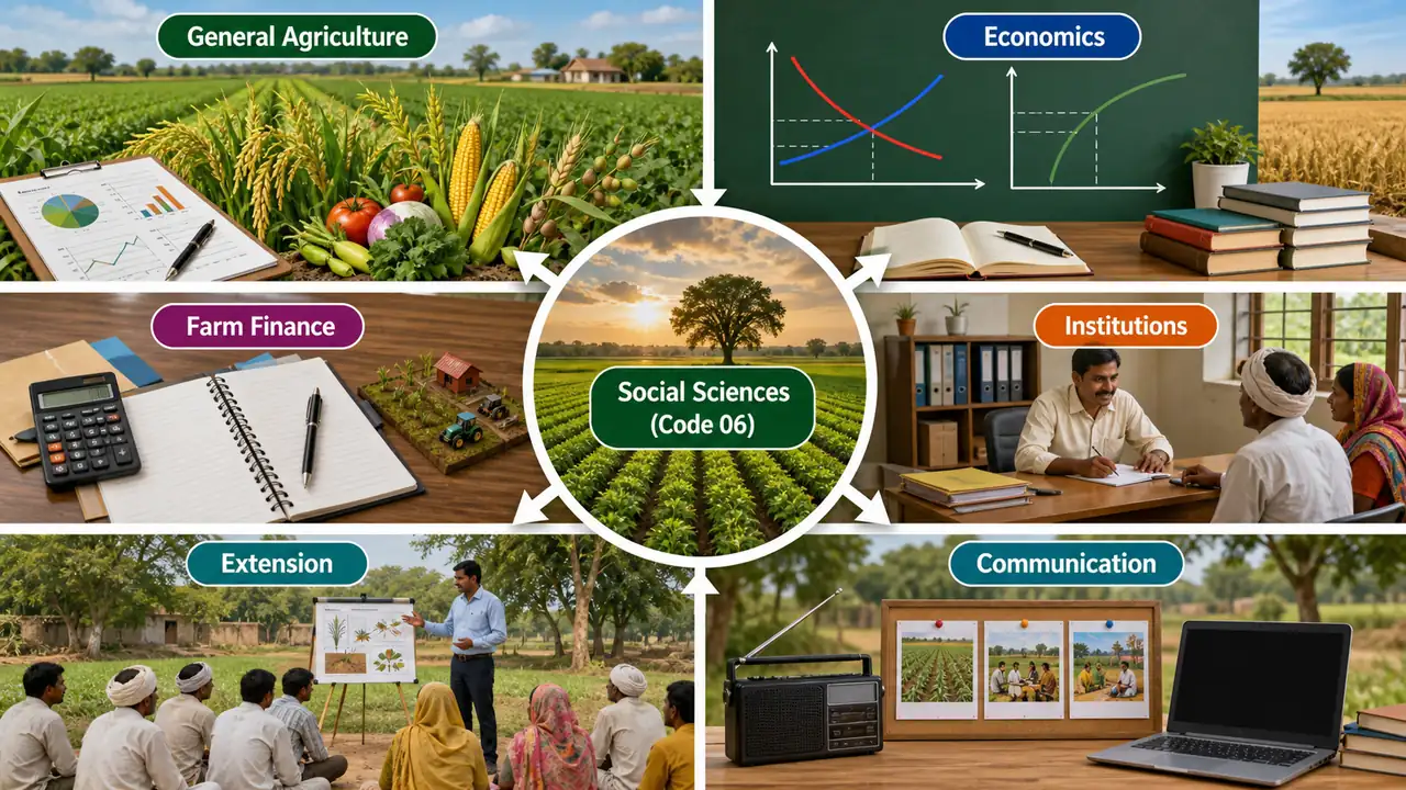 ICAR JRF Social Sciences Code 06 concept map showing general agriculture, economics, farm finance, institutions, extension, and communication