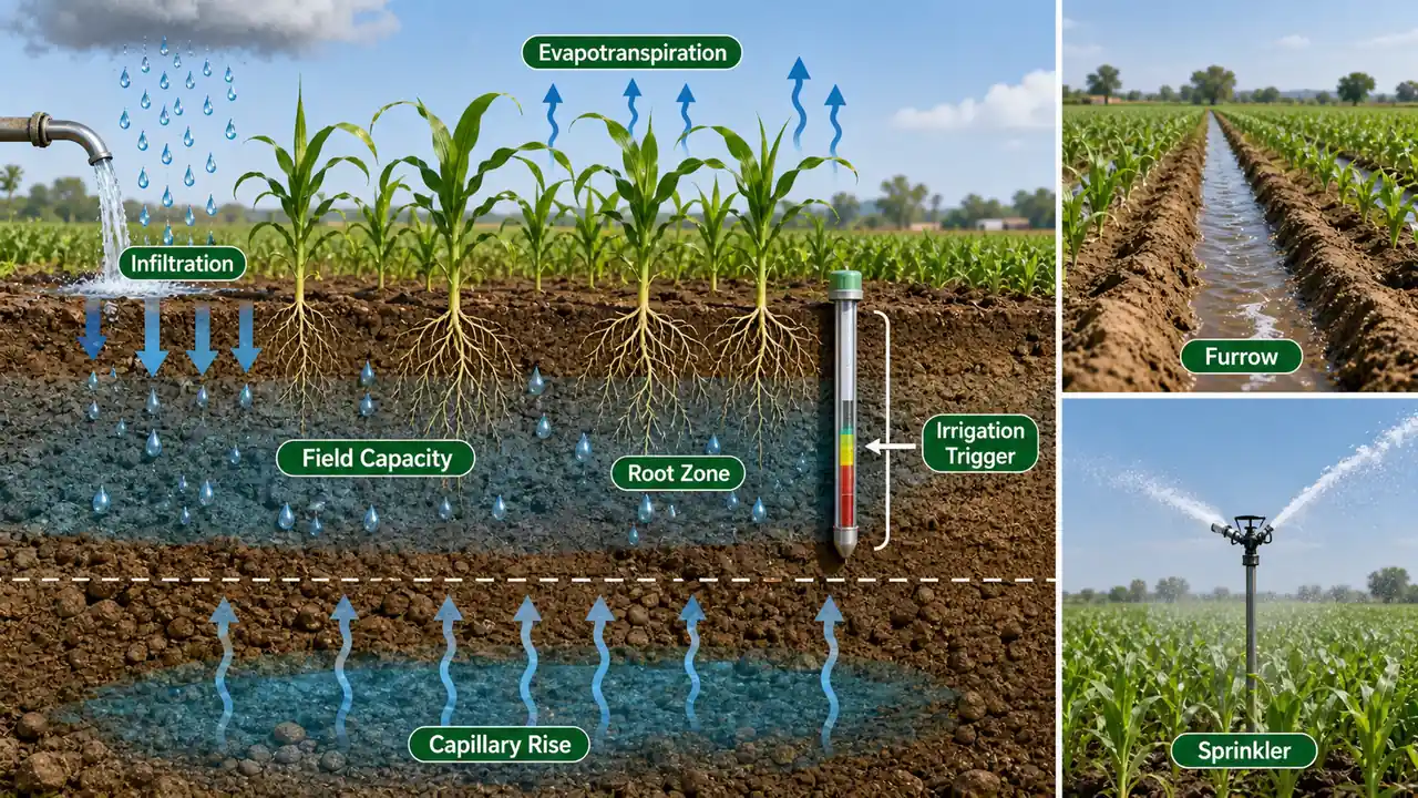 Soil science cross-section showing soil profile horizons, infiltration, capillary rise, cation exchange concept, and saline sodic waterlogged soil management