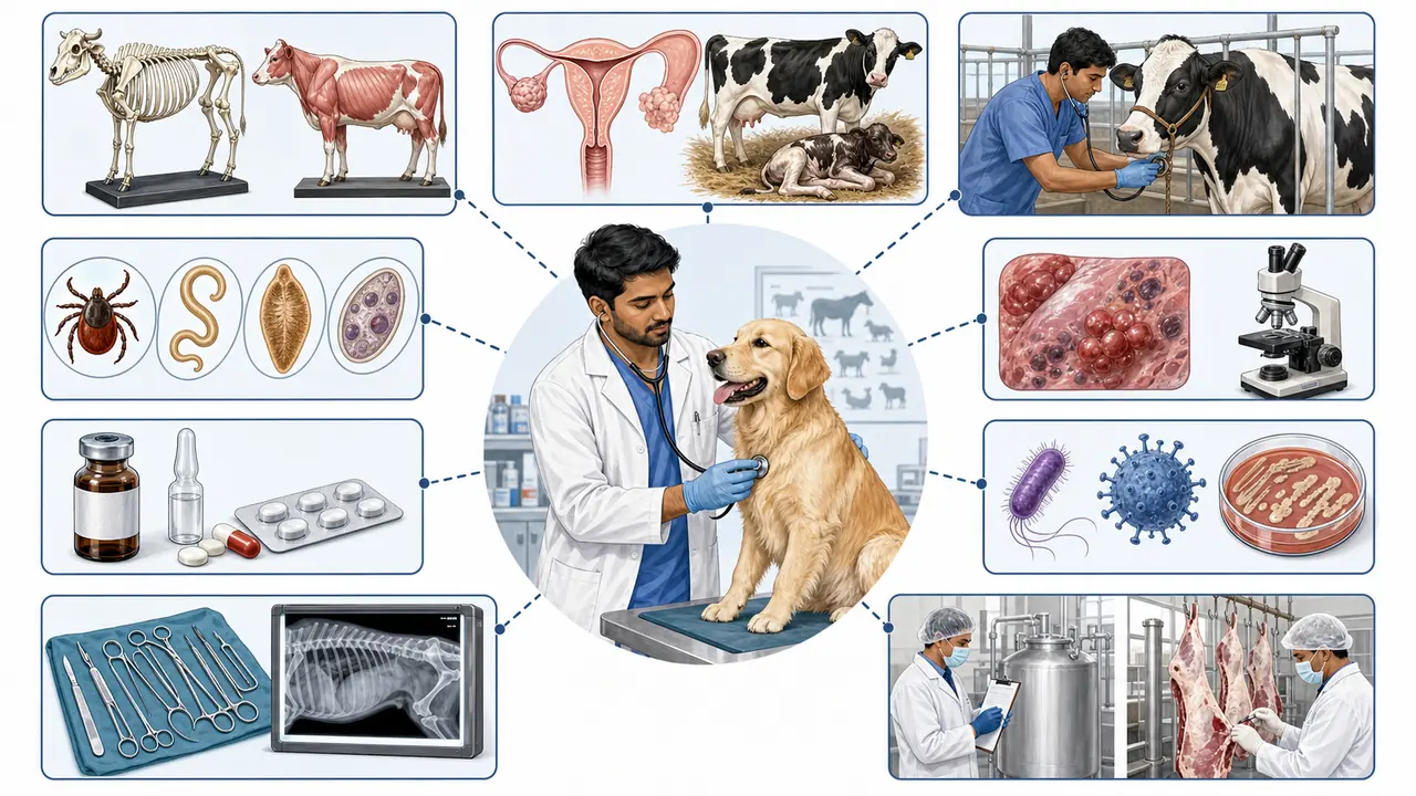 ICAR JRF Veterinary Science Code 13 visual map showing anatomy, reproduction, medicine, pathology, microbiology, parasitology, surgery, and public health connections