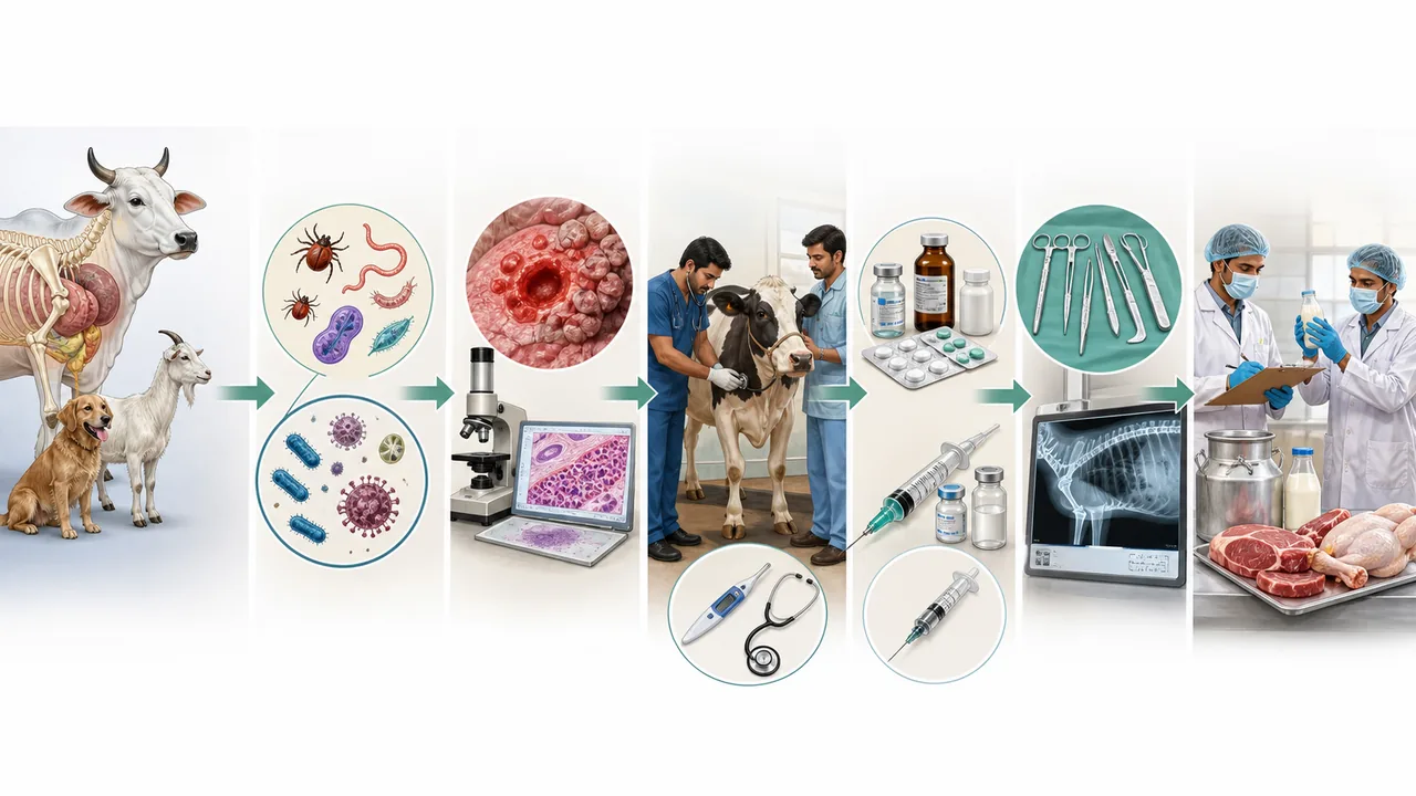 Veterinary Science high-yield revision visual linking anatomy, pathogens, lesions, diagnosis, drugs, surgery, and zoonotic public health