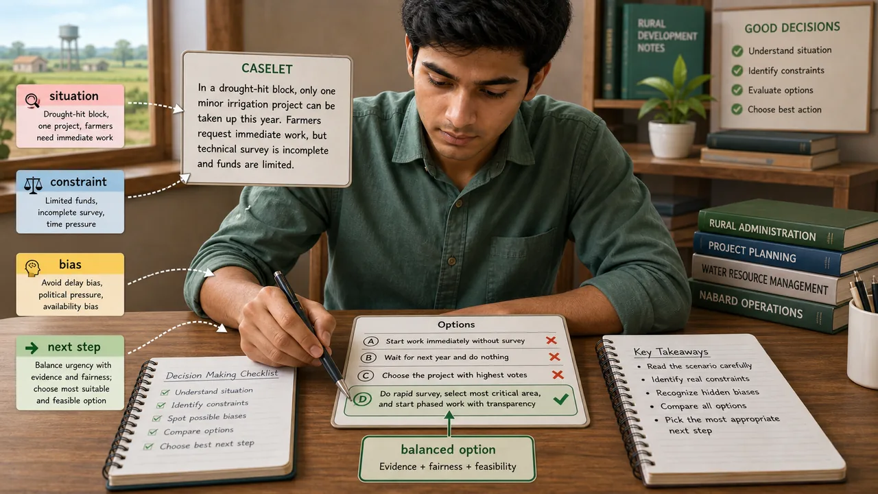 Student solving a NABARD decision making caselet by finding situation, constraint, bias, and next step