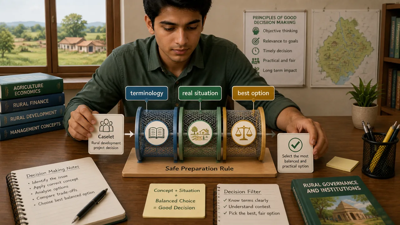 Three-part decision making preparation filter for terminology, real situation, and best option