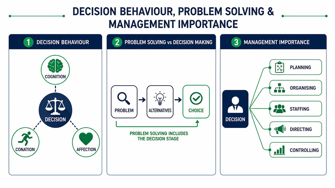 Decision behaviour board showing cognition conation affection problem solving flow and management functions