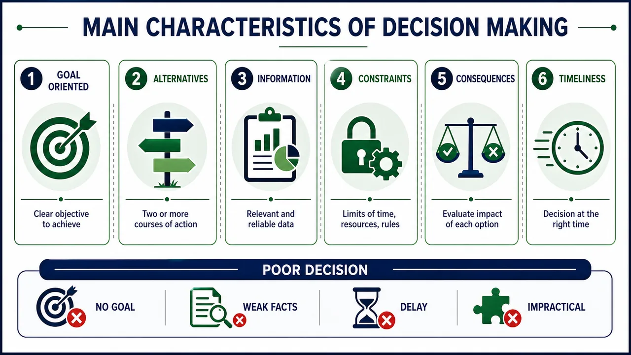 Main characteristics of decision making showing goal orientation alternatives information constraints consequences and timeliness