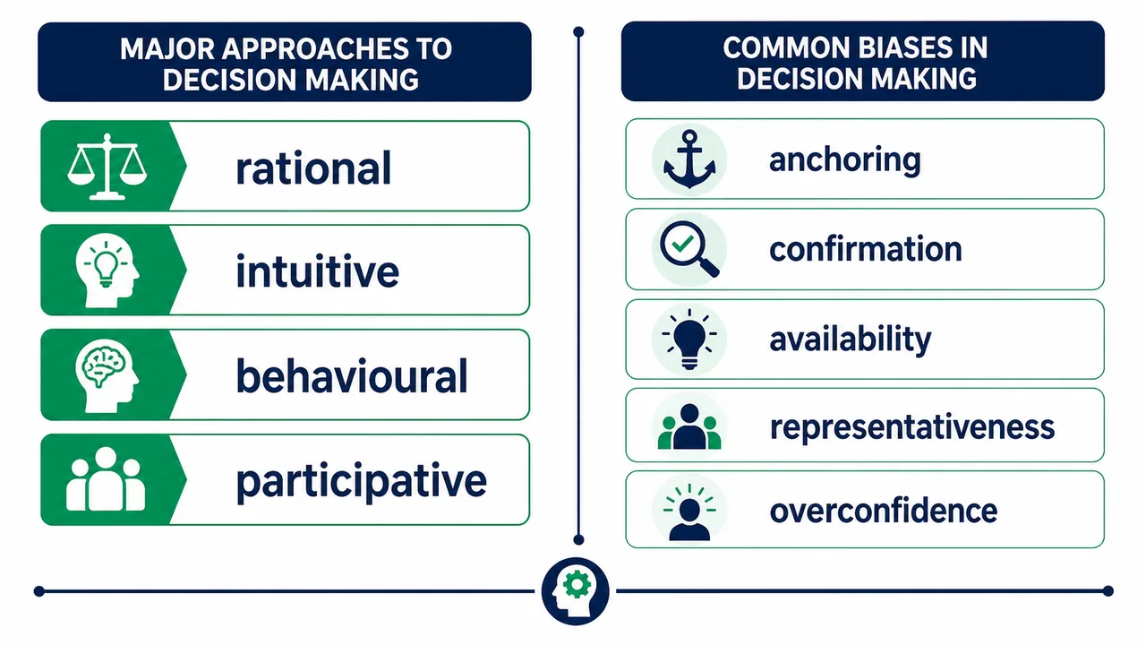 Decision-making approaches and common biases board showing rational intuitive behavioural participative approaches with anchoring confirmation availability representativeness and overconfidence