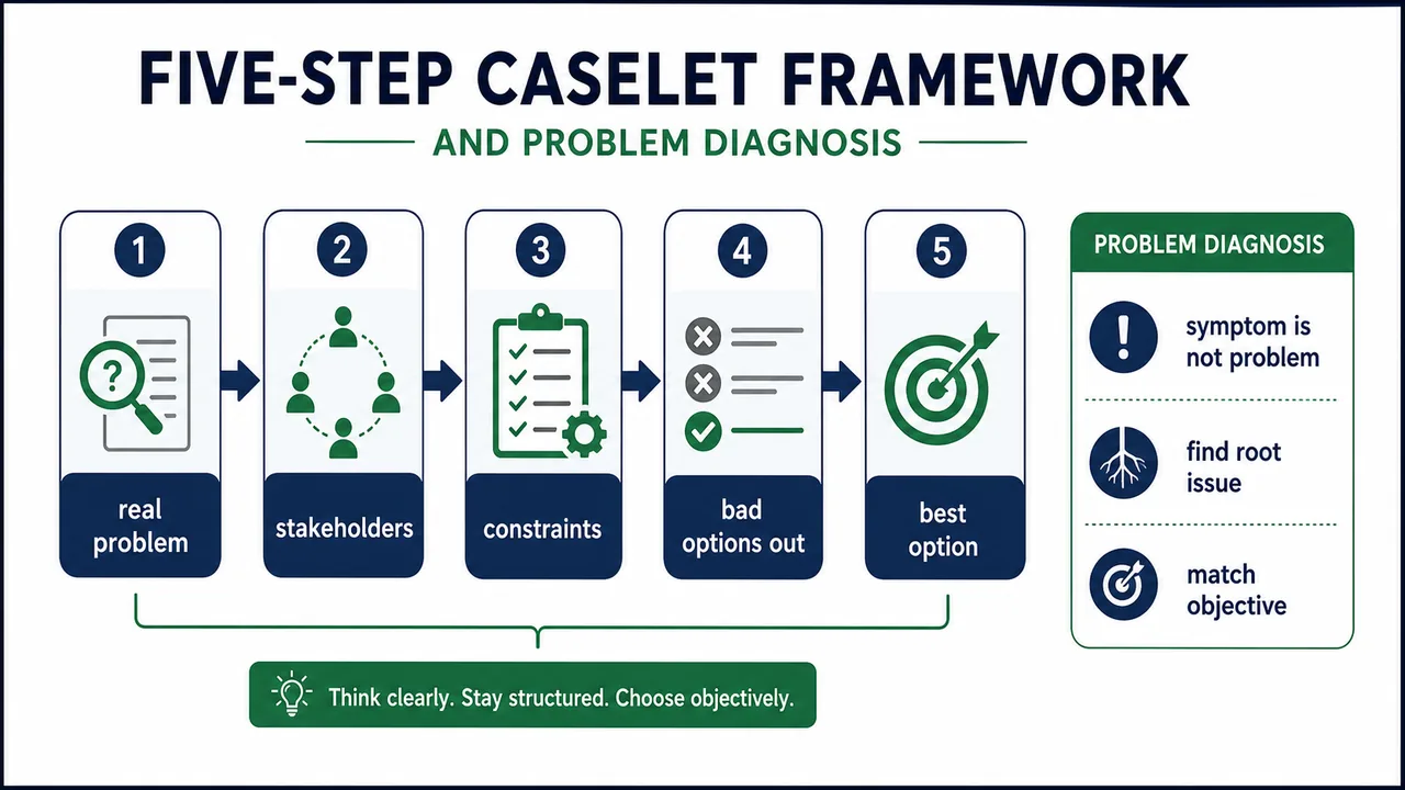Five-step caselet framework board showing real problem stakeholders constraints elimination and best option with problem diagnosis cues