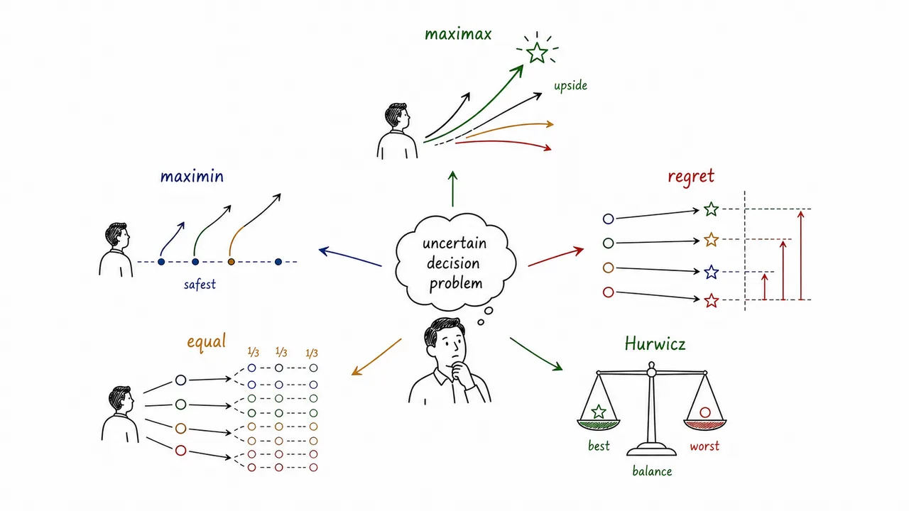 Decision criteria under uncertainty with optimism, caution, regret, and equal-probability lenses